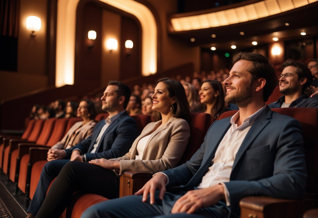 A couple seated in a theater watching a live performance with other audience members around them.