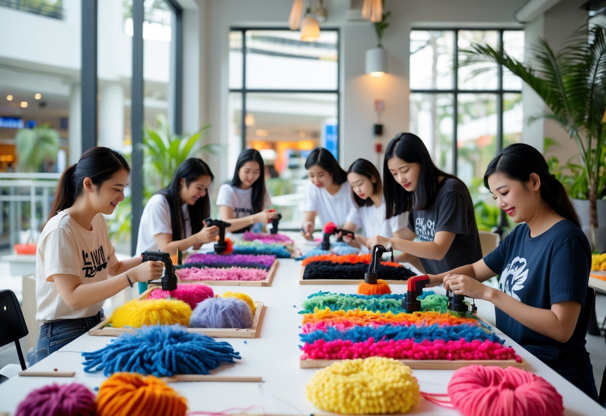 People participating in a rug tufting workshop indoors, working on colorful rugs together in a bright, modern space.