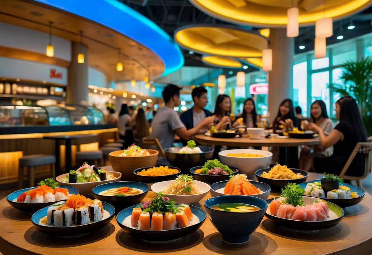 A lively food court in Ayala Malls Manila Bay with people enjoying Japanese dishes like sushi and ramen on a wooden table.