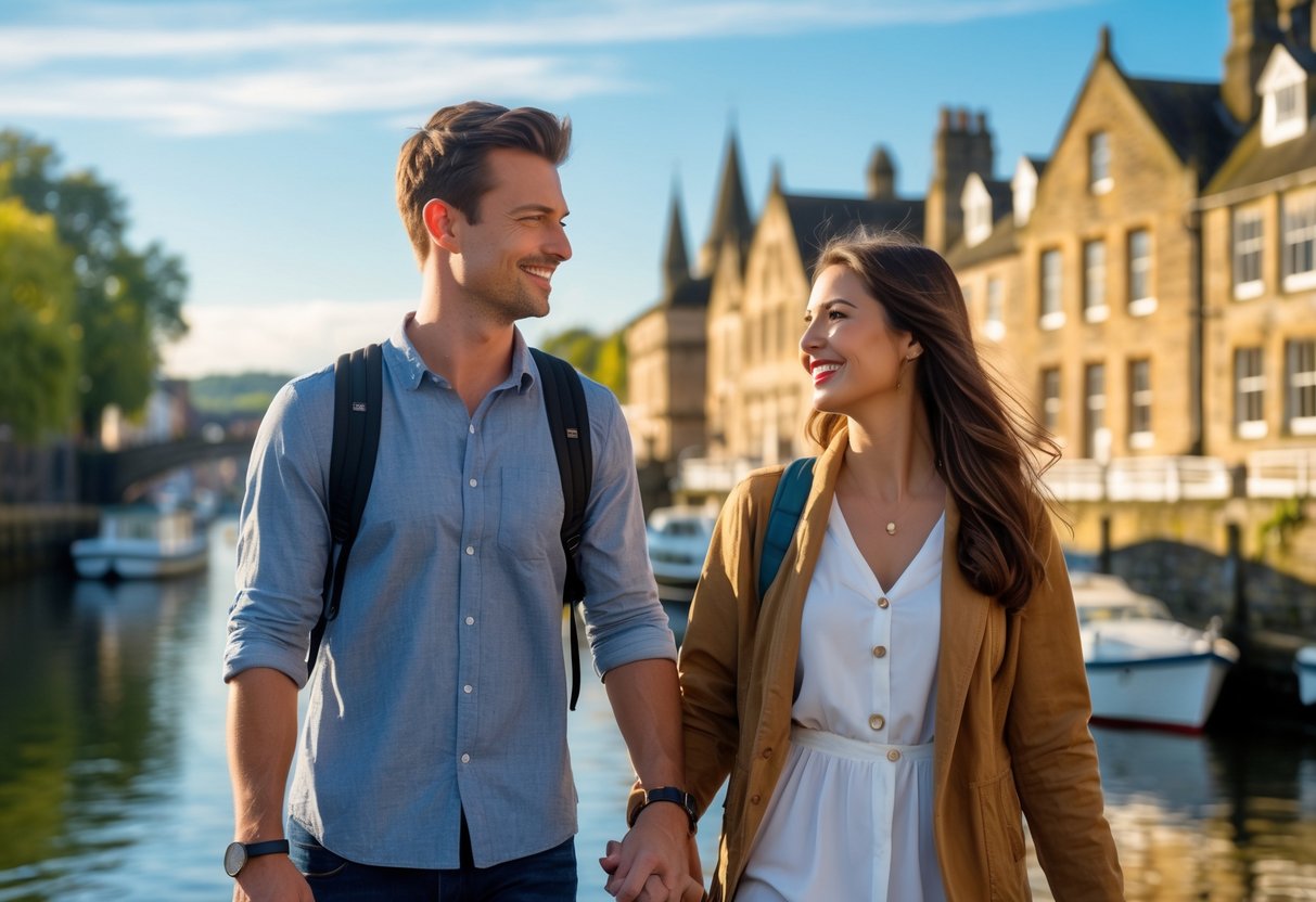 A young couple walking hand-in-hand along a river quay with boats and historic buildings in the background.
