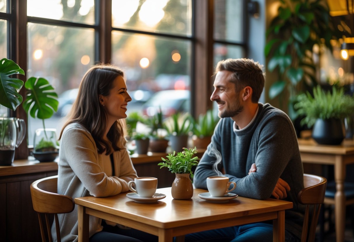 Two people sitting at a small table in a cafe, enjoying coffee and conversation surrounded by plants.