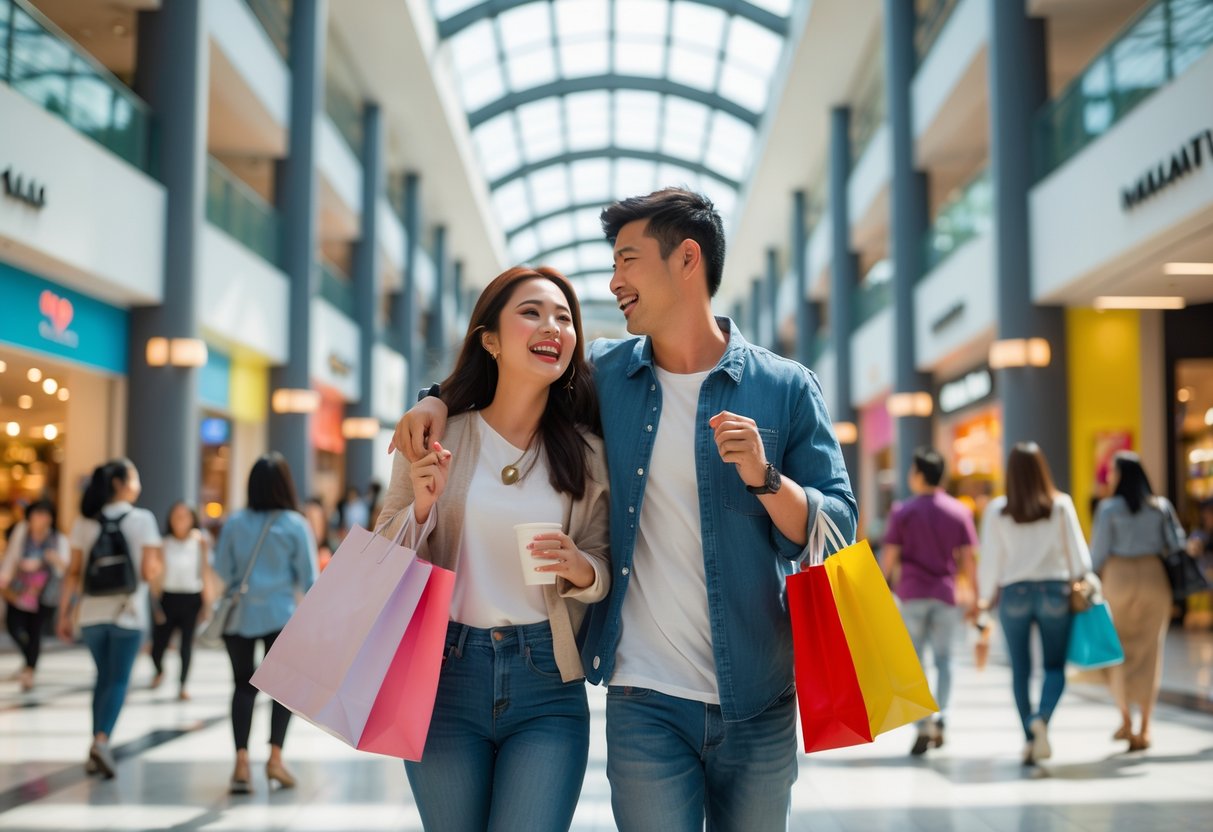 A young couple smiling and holding shopping bags inside a busy modern shopping mall with other shoppers around.
