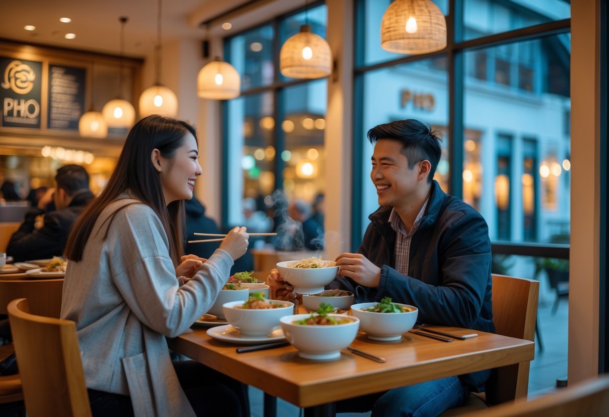 A young couple enjoying dinner at a cozy restaurant inside Guildhall Shopping Centre in Exeter.