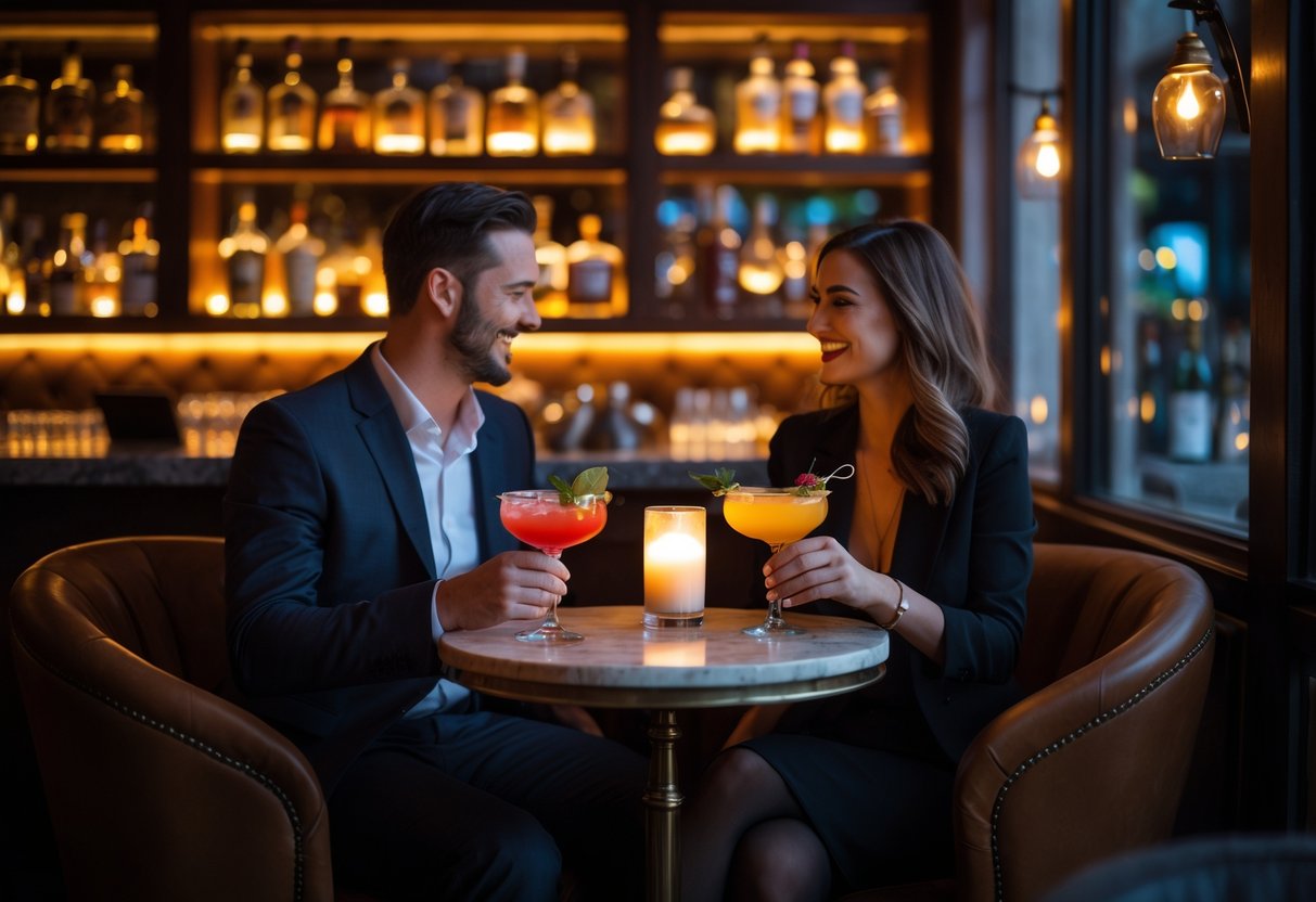 A couple enjoying cocktails together in a cozy, candlelit lounge with a bar in the background.