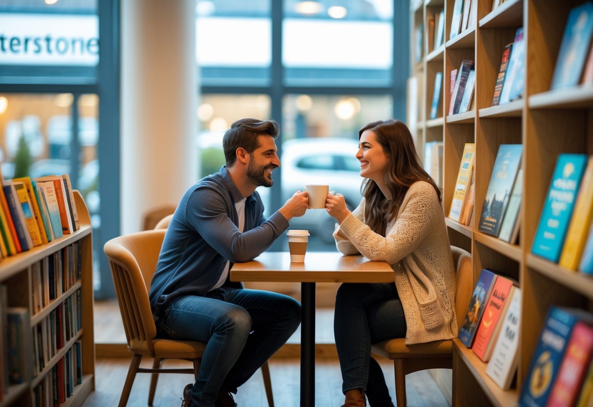 A young couple sitting at a small table inside a bookstore, sharing coffee and surrounded by bookshelves.