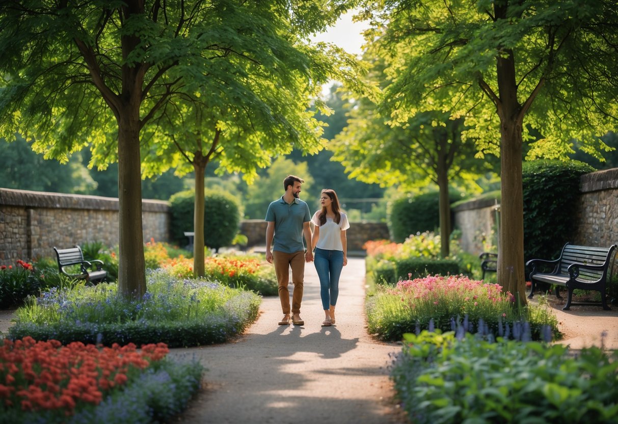A young couple walking hand in hand along a garden path surrounded by trees and flowers with stone walls in the background.