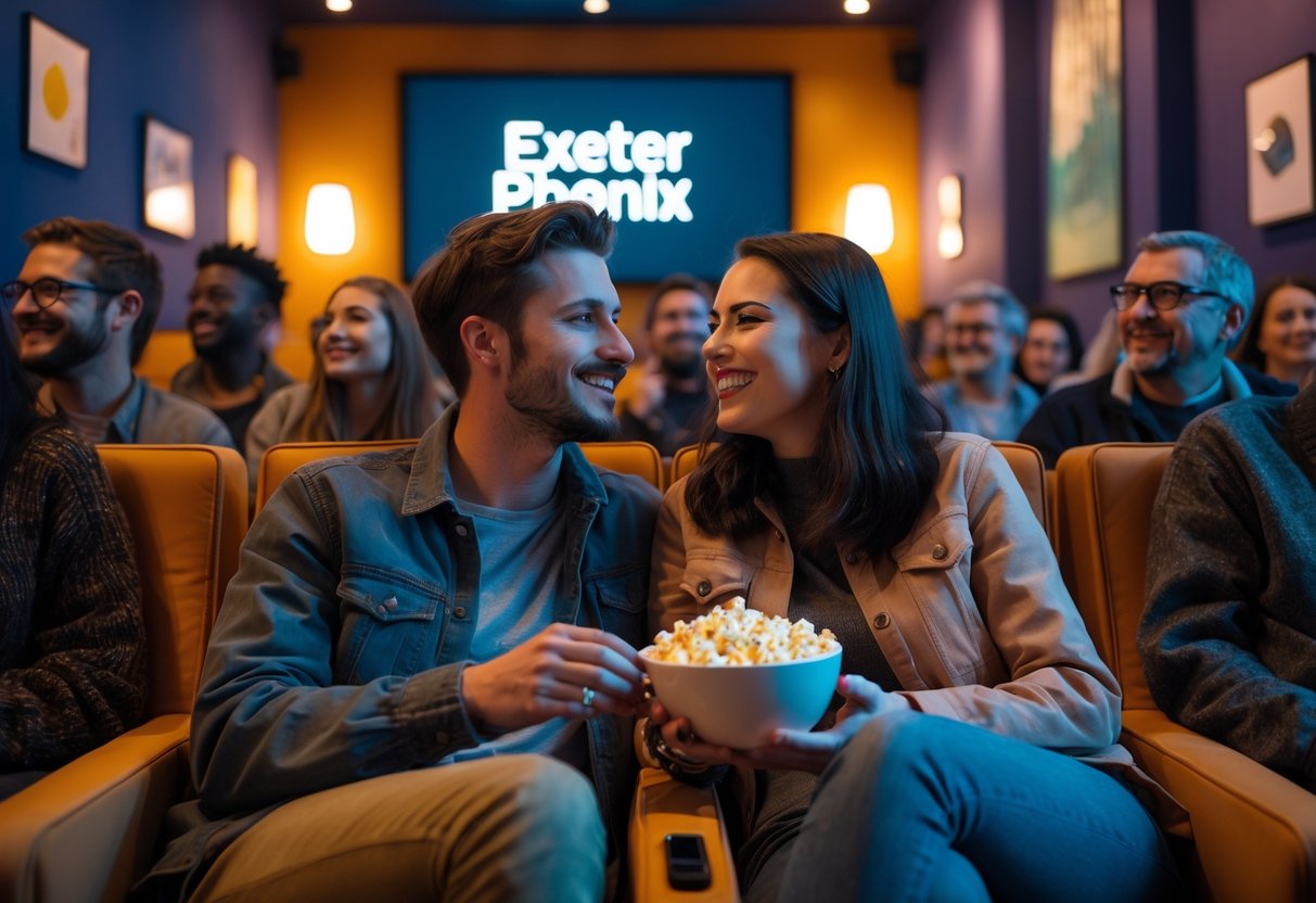 A young couple sitting together in a cozy cinema watching a film, sharing popcorn and enjoying the experience.