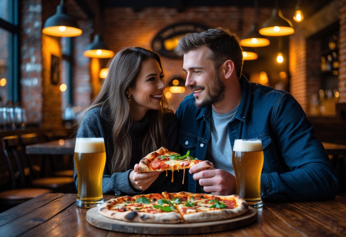 A young couple sharing a pizza and drinks at a wooden table inside a cozy bar.