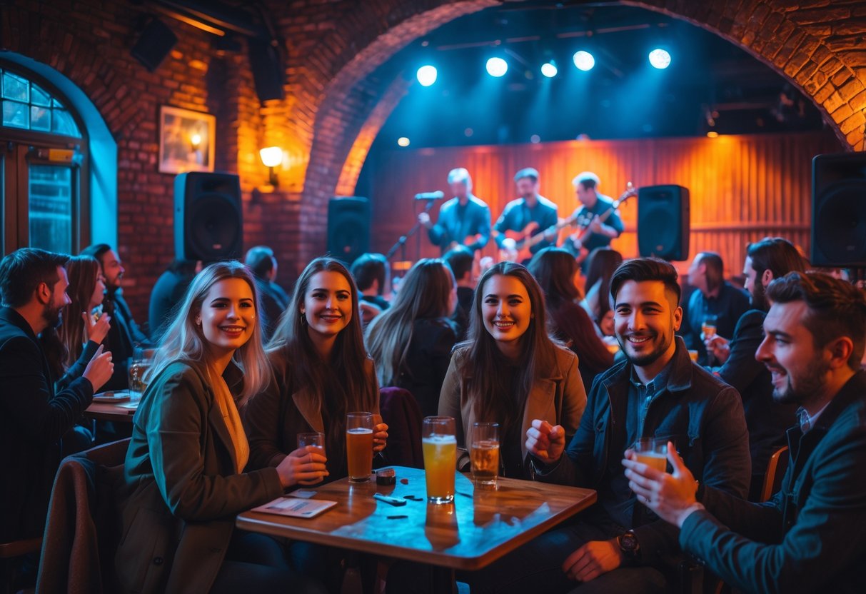 People enjoying live music at a cozy venue with a band performing on stage and couples sitting at tables.