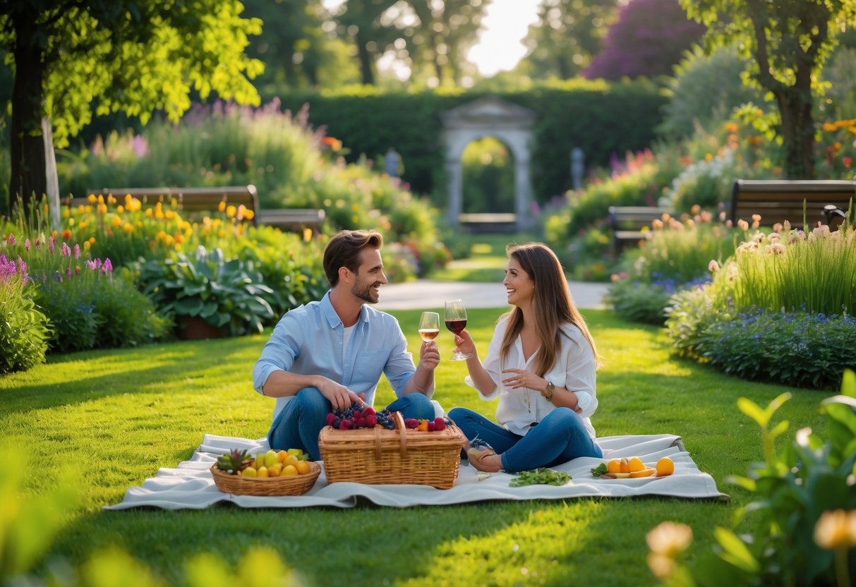 A couple enjoying a picnic on a blanket surrounded by plants and flowers in a botanical garden.