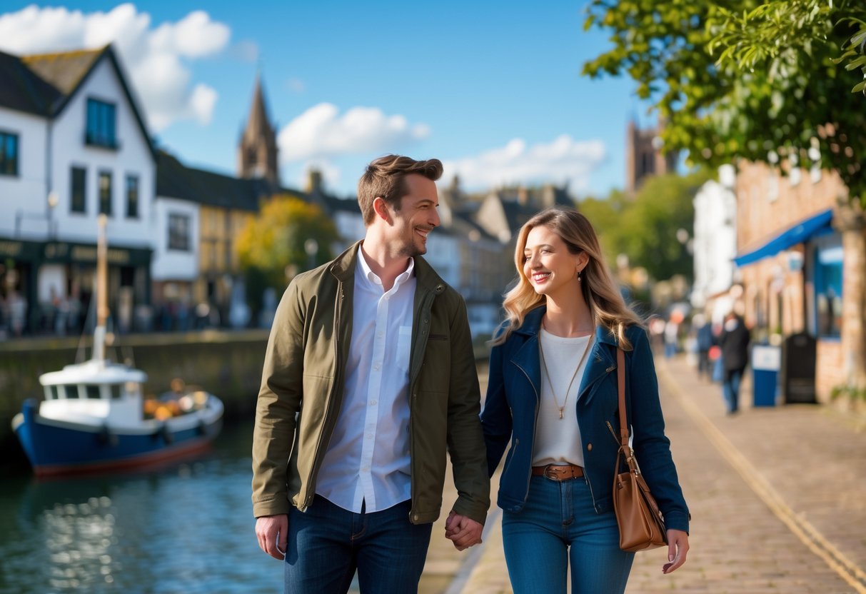 A couple walking hand-in-hand along Exeter Quay with historic buildings and boats in the background on a sunny day.