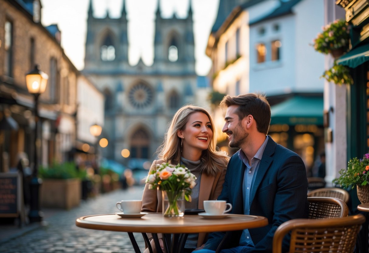 A young couple sitting at a café table outdoors near historic buildings, enjoying a date in Exeter.