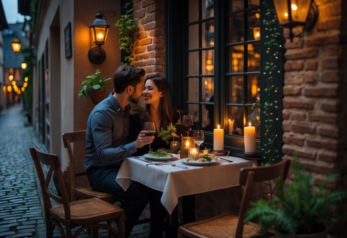 A couple enjoying a romantic dinner at a cozy restaurant with warm lighting and rustic decor in Basel's Old Town.