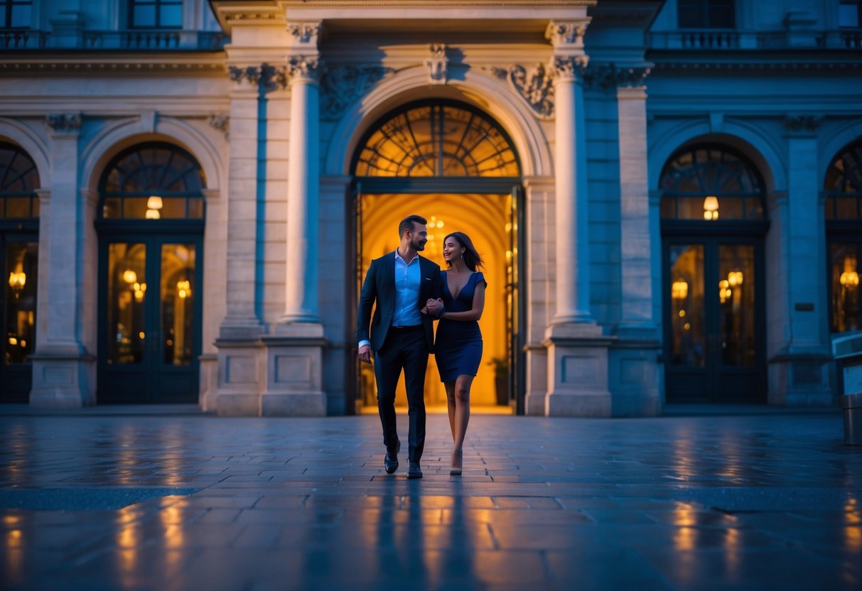 A couple dressed for an evening out stands near the entrance of a grand classical concert hall in Basel at dusk.