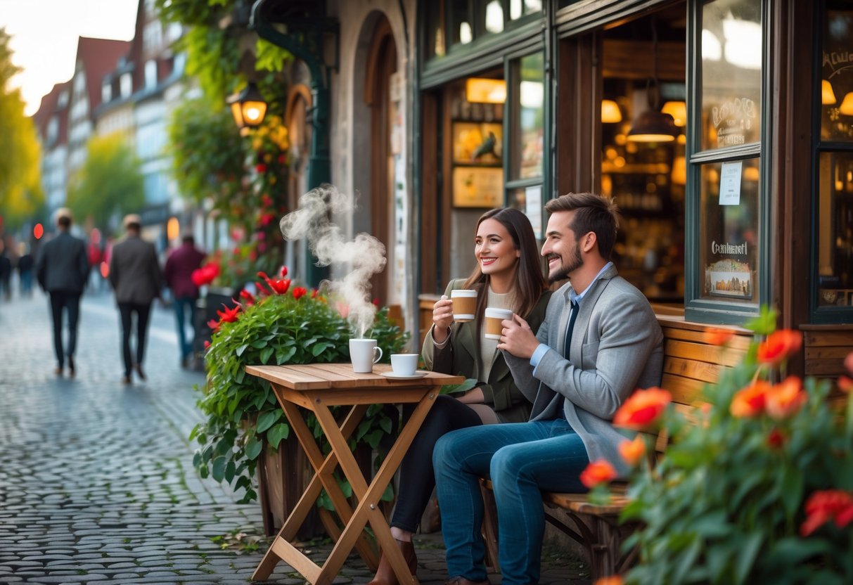 A young couple enjoying coffee together at an outdoor table in a charming café in Kleinbasel.