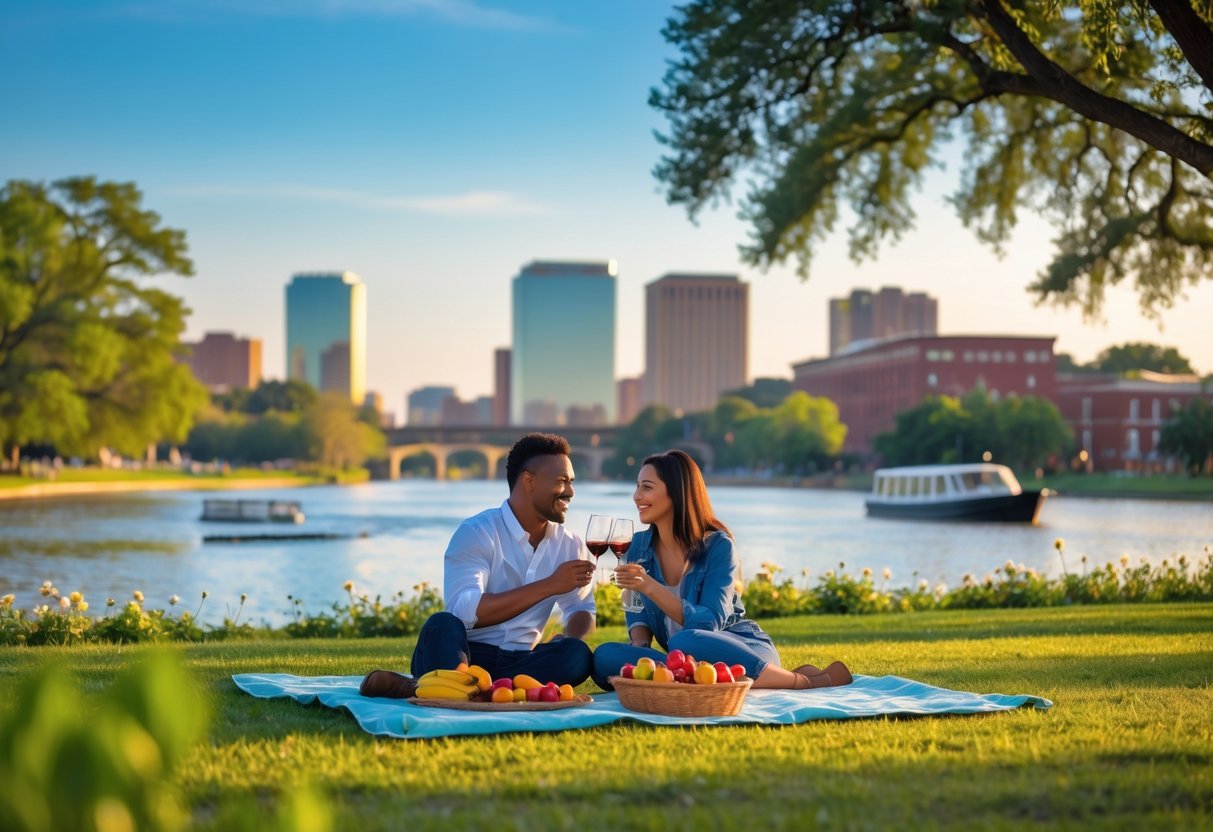 A couple enjoying a picnic near the Mississippi River with the Baton Rouge skyline in the background on a sunny day.