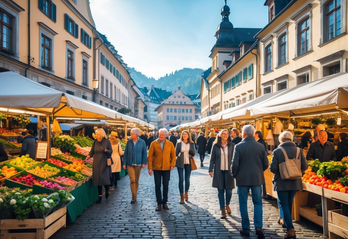 People shopping and walking among colorful market stalls in a historic town square filled with fresh produce and flowers.