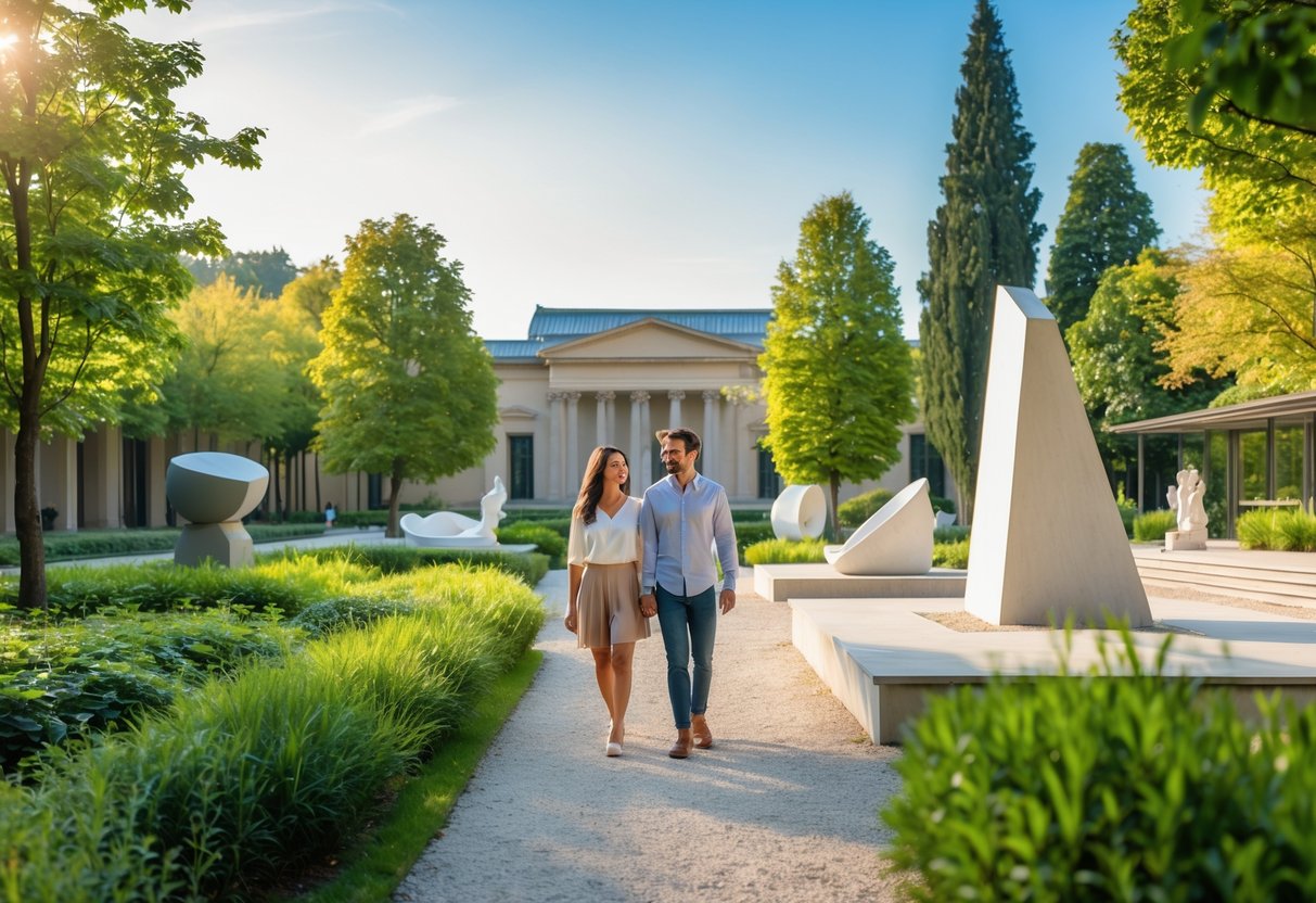 A couple walking and talking in a sculpture garden with trees and a modern museum building in the background.