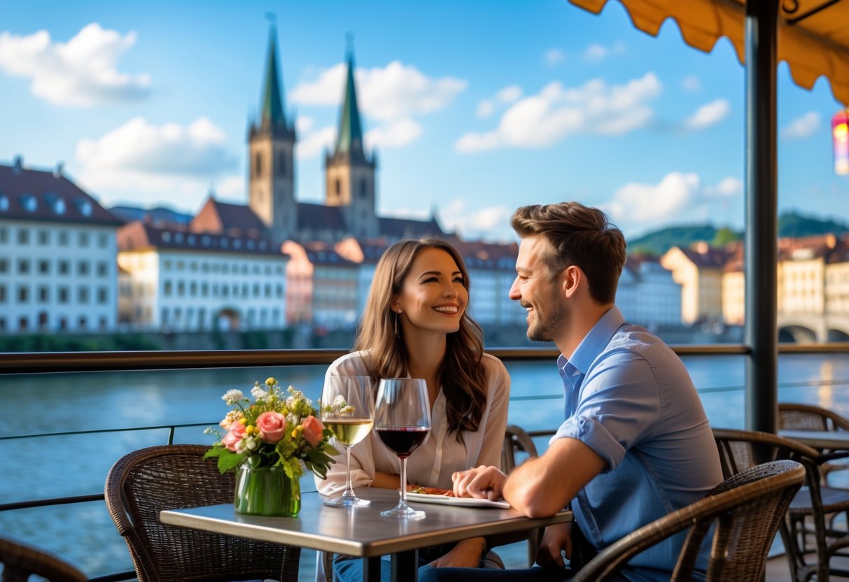 A young couple sitting at a café table near the Rhine River in Basel, enjoying a romantic date with the city skyline in the background.