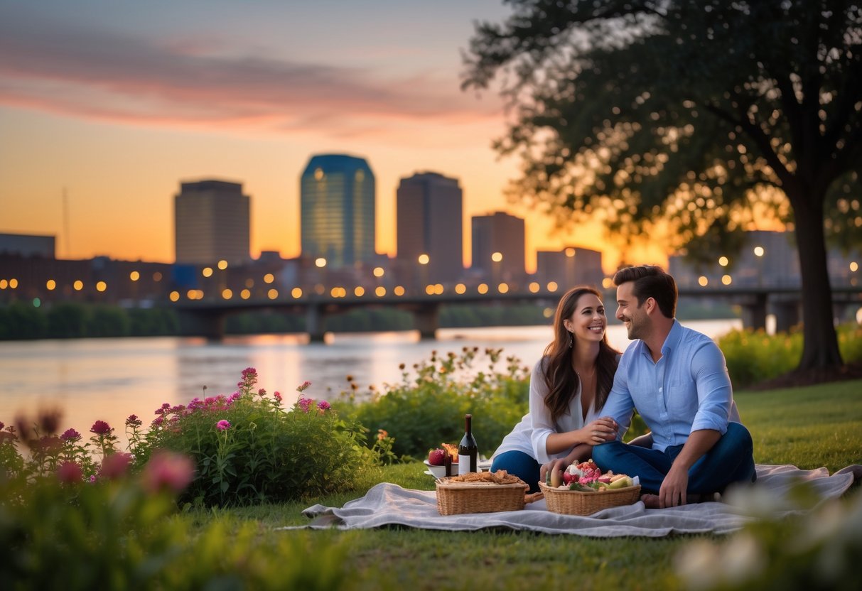 A couple having a picnic by a river with the Baton Rouge skyline in the background during sunset.