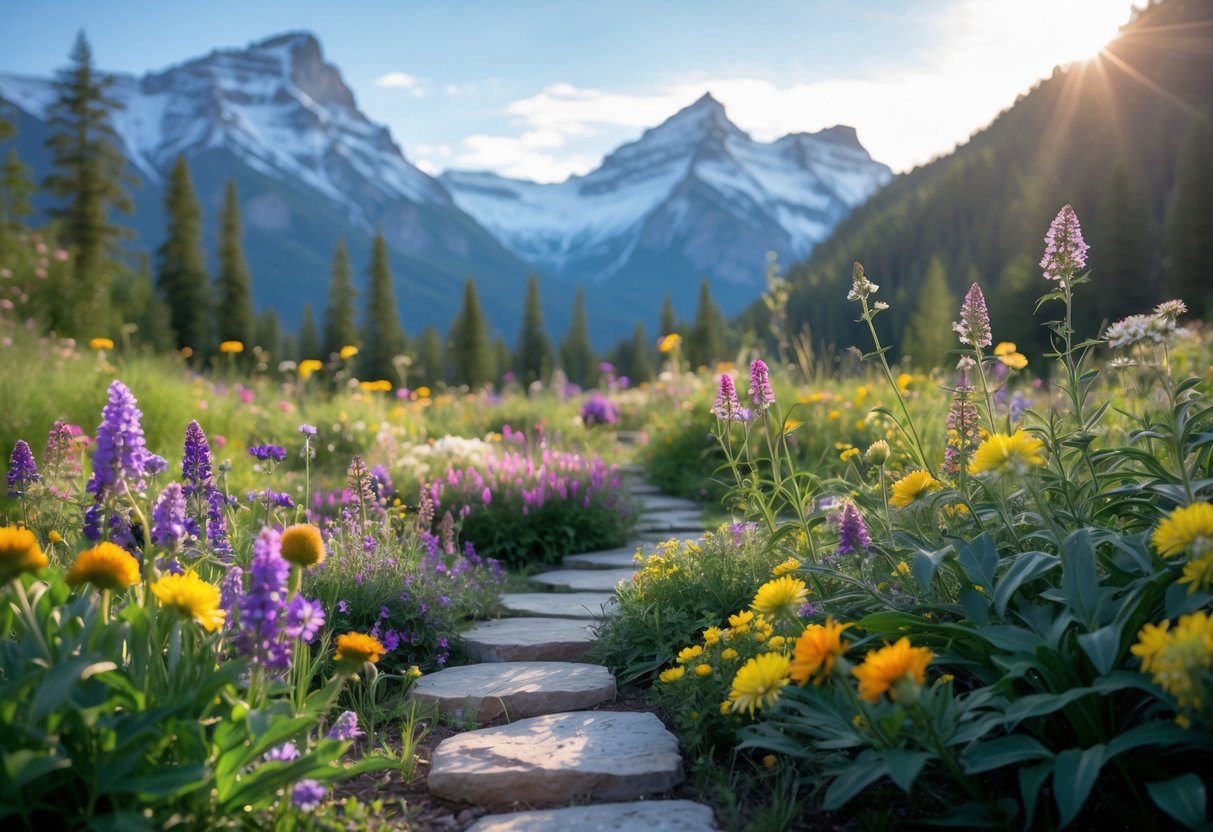 A colorful flower garden with a stone path and snow-capped mountains in the background near Banff.