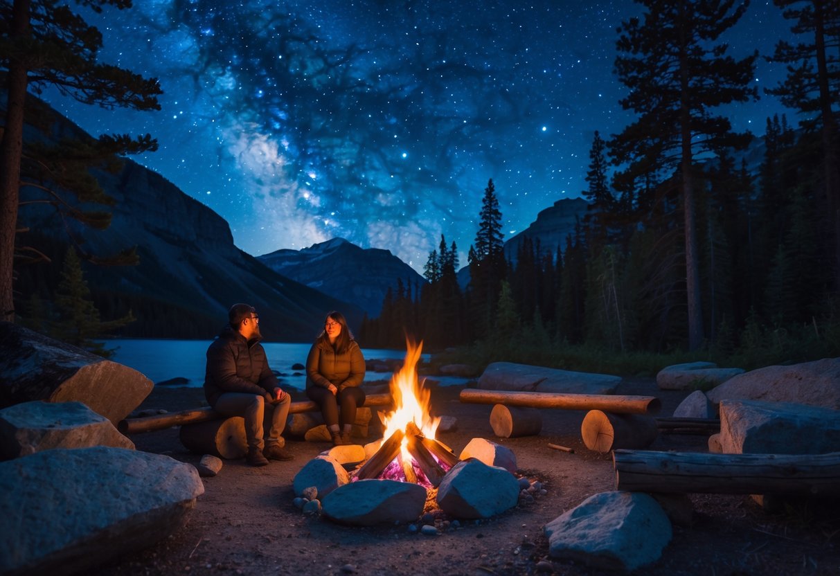 Two people sitting by a campfire at night surrounded by trees and mountains under a star-filled sky.