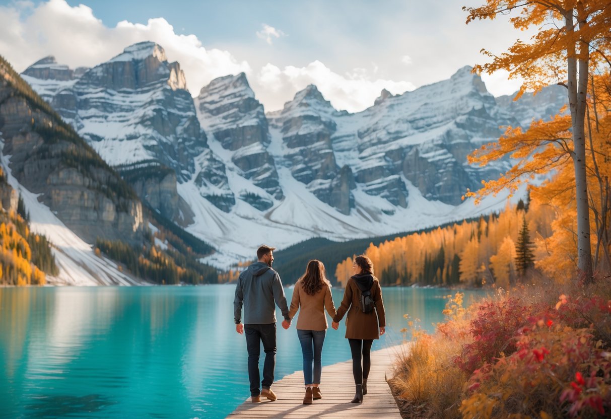 A couple walking hand in hand along a lakeside trail surrounded by autumn trees with mountains and a turquoise lake in the background.