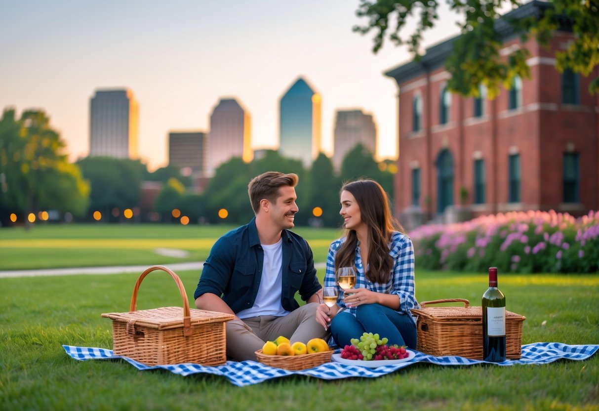 A young couple having a picnic in a green park with the Birmingham skyline in the background during sunset.