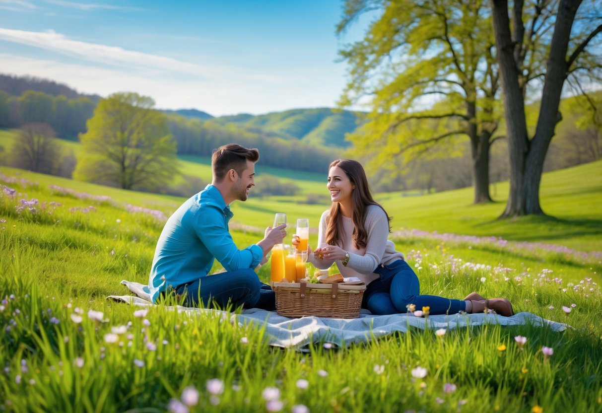 A young couple enjoying a picnic together on a grassy meadow with wildflowers and trees in the background.