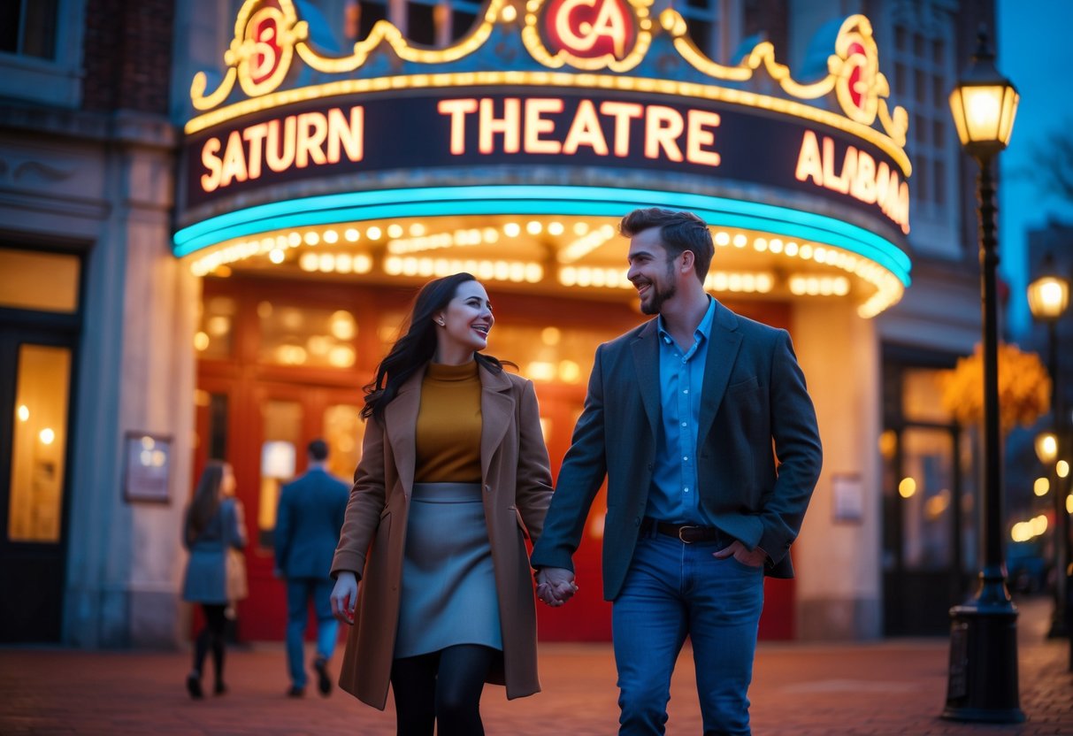 A young couple holding hands and smiling outside the Saturn Alabama Theatre in Birmingham during the evening.