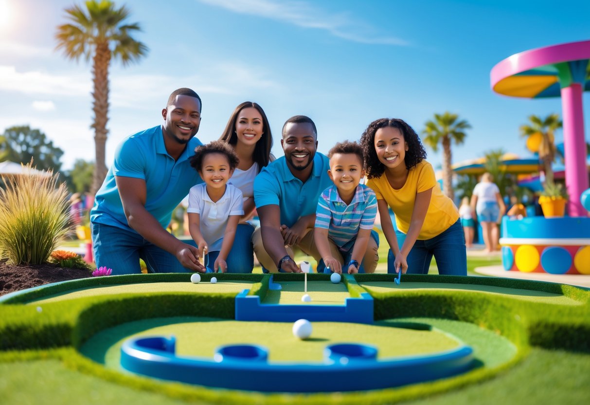 A family playing putt-putt golf together at an outdoor mini golf course on a sunny day.