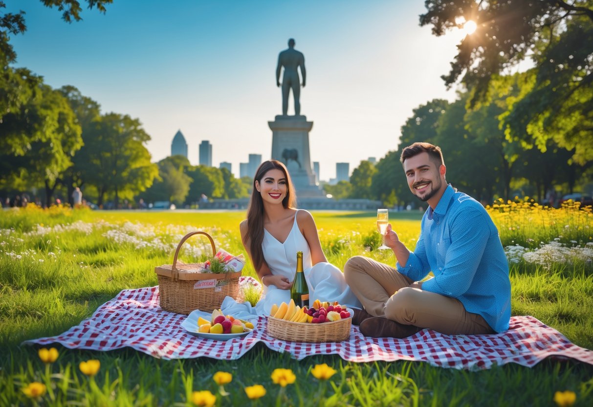 A couple having a picnic on a blanket in a park with the Vulcan statue visible in the background.