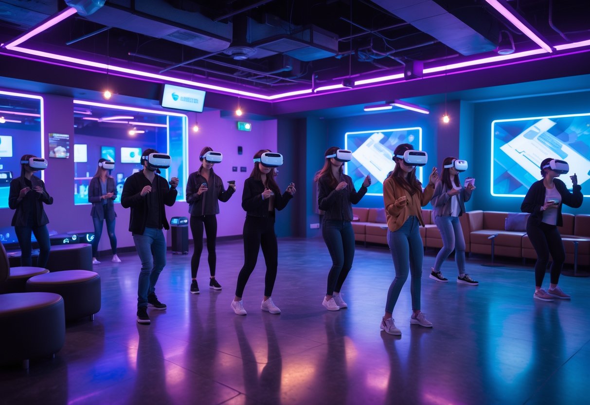 Young adults enjoying virtual reality experiences at a modern VR arcade with colorful lighting and futuristic decor.