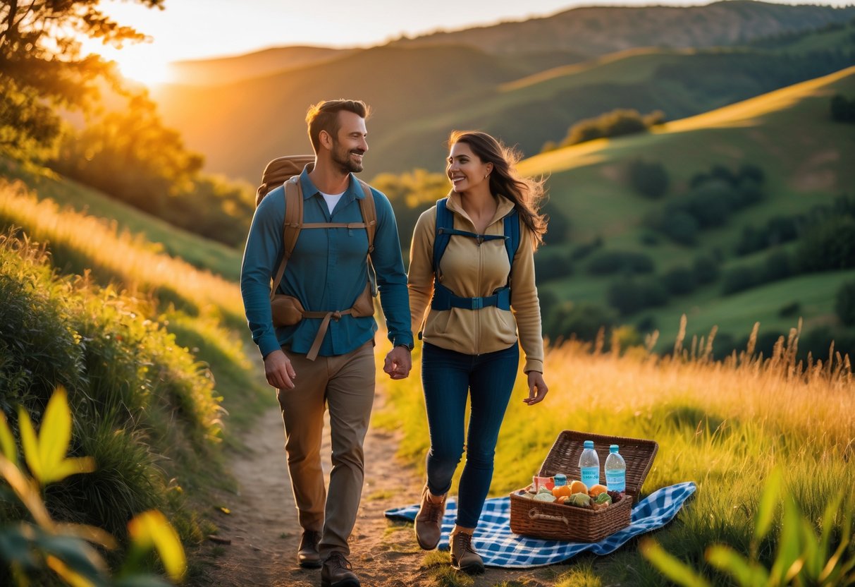 A couple hiking on a trail at sunset with a picnic basket containing snacks.