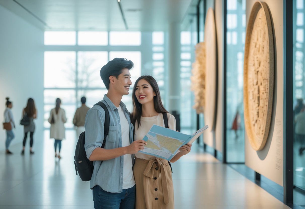 A young couple exploring a modern museum exhibit together, looking at an art installation inside a bright and spacious gallery.