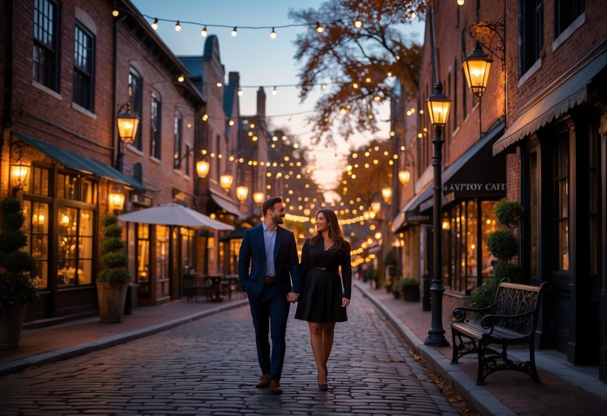 A couple walking hand-in-hand down a cobblestone street in a historic town at sunset, surrounded by vintage buildings and warm lights.