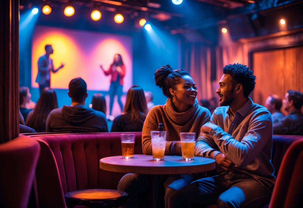 A young couple enjoying a live improv comedy show together in a cozy club with performers on stage.
