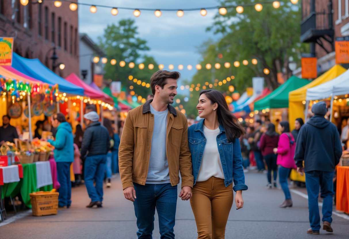 A young couple holding hands and walking through a busy street fair with colorful vendor stalls and people around them.