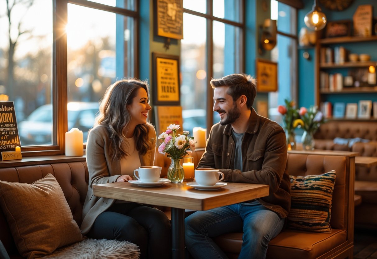 A couple sitting at a small table in a cozy themed coffee shop, enjoying coffee and smiling at each other.