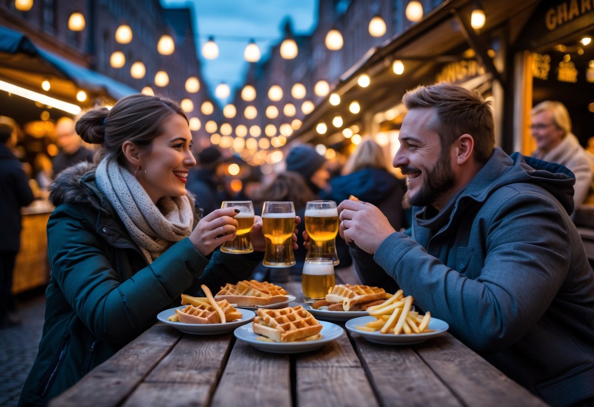A couple sharing food and drinks at an outdoor market in Brussels during the evening.