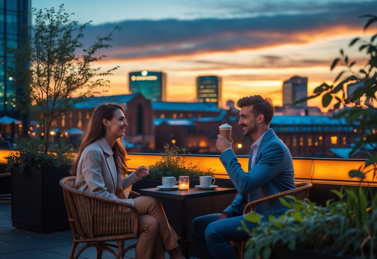 A young couple sitting at an outdoor café table near Birmingham city landmarks, enjoying a sunset date.