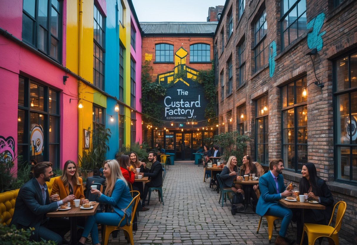 Couples and friends enjoying coffee at colorful cafes in an outdoor courtyard surrounded by artistic buildings and urban decorations.