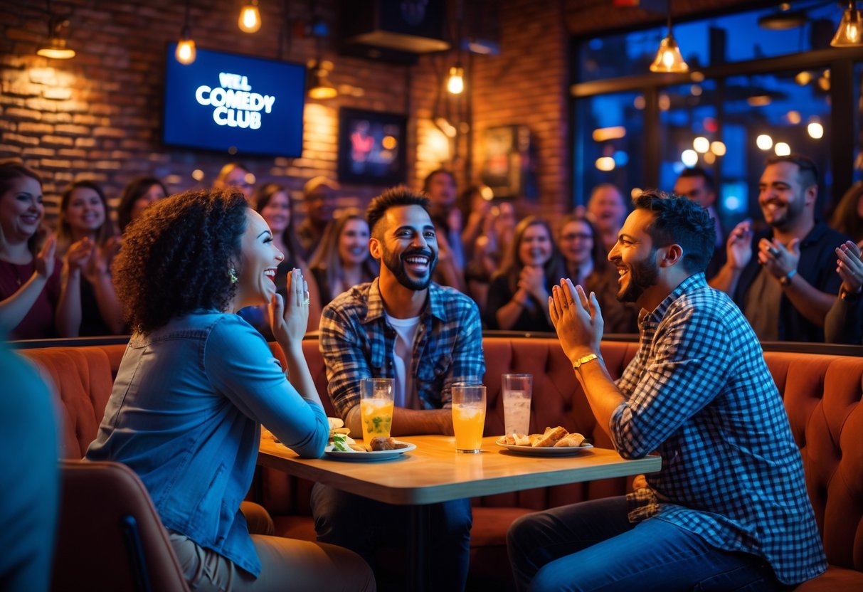 A couple laughing at a comedy club stage with an audience enjoying the show in a cozy, warmly lit setting.