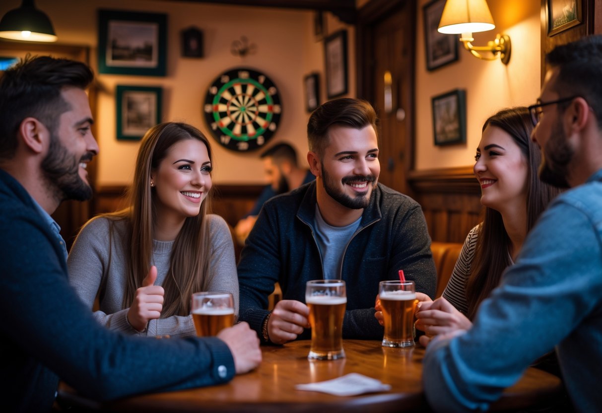 Couples and friends playing darts and enjoying drinks together in a cozy pub setting.