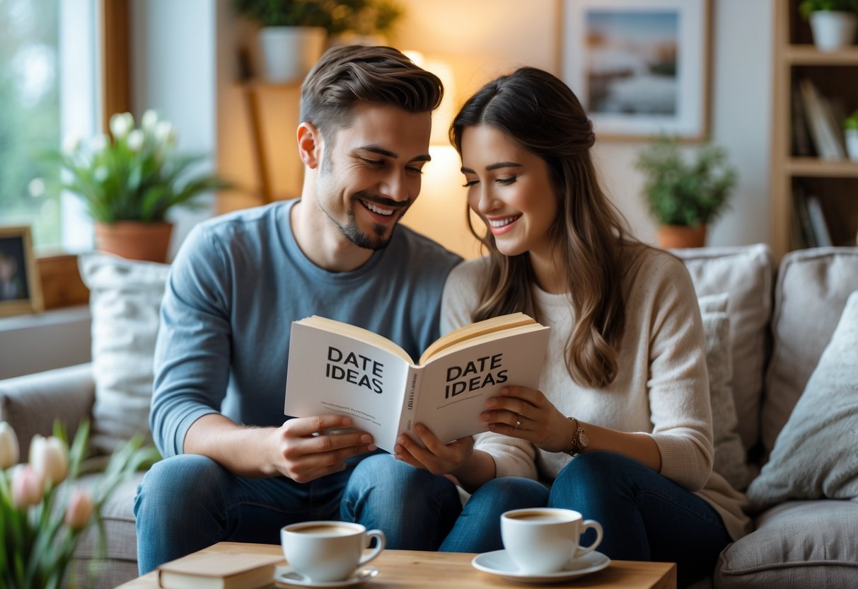 A couple sitting together on a sofa looking at a book about date ideas in a cozy living room.