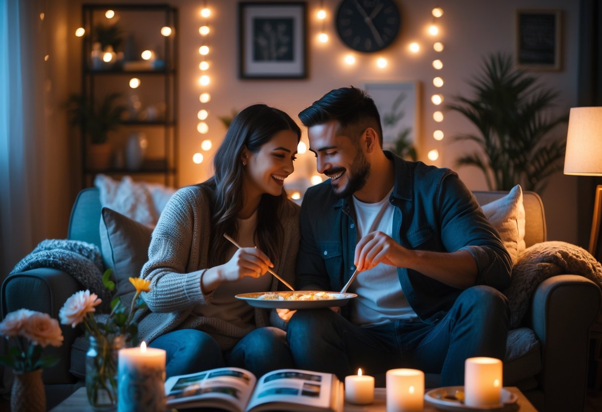 A couple enjoying a creative at-home date night together in a cozy living room, surrounded by art supplies and warm lighting.