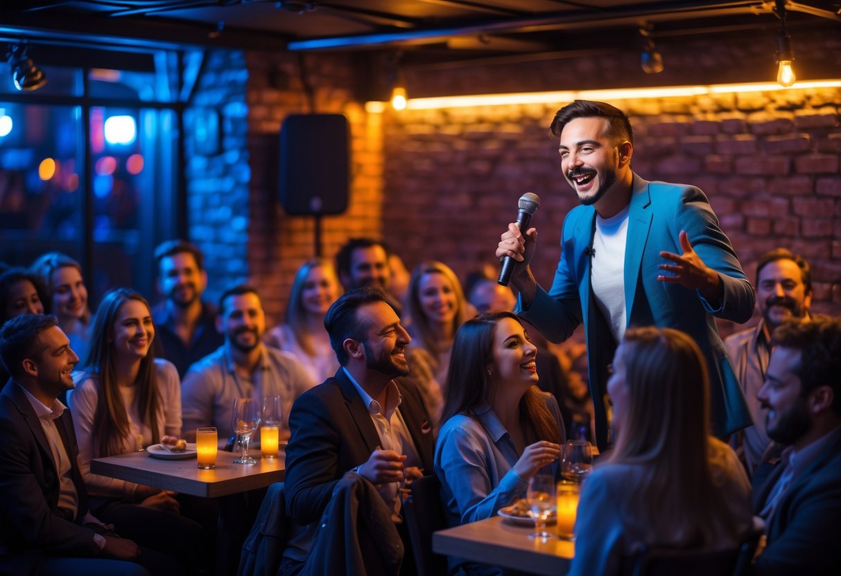 Couples enjoying a comedy show at a cozy club with a comedian performing on stage and people laughing.