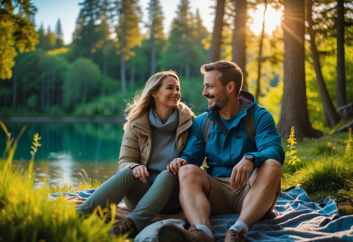 A couple enjoying a hiking trail together in a sunlit forest.