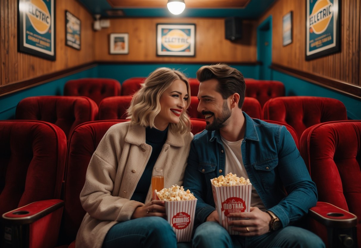 A couple sitting together inside a cozy vintage cinema, enjoying a date night.