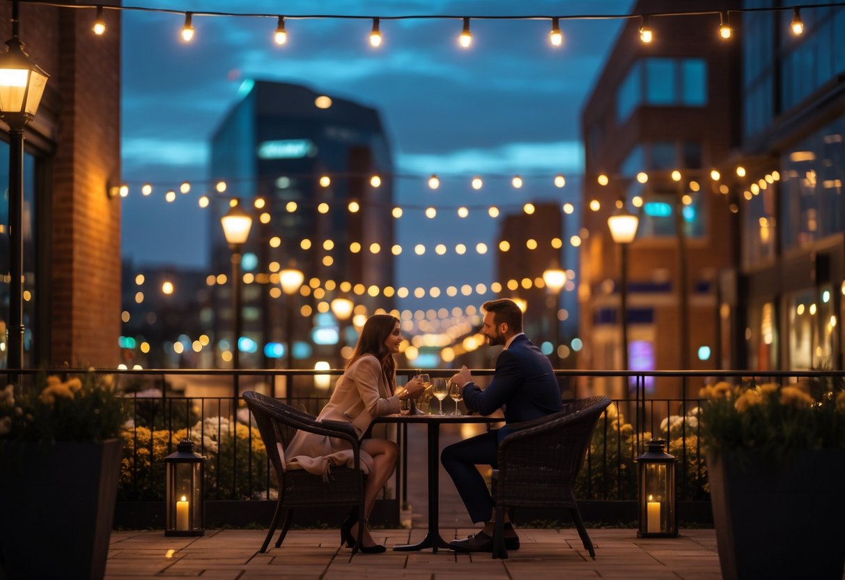 A couple holding hands across a candlelit outdoor table with string lights and Birmingham city buildings in the background at dusk.